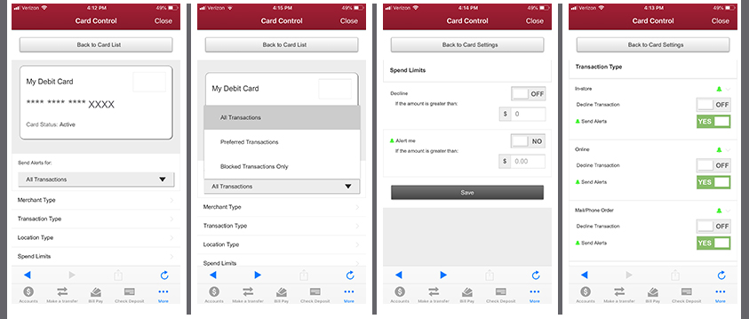 Mobile App Card Control features screenshots